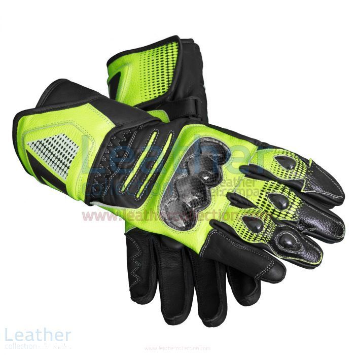 a pair of yellow and black motorcycle gloves with reflective detailing on the palm, one glove has