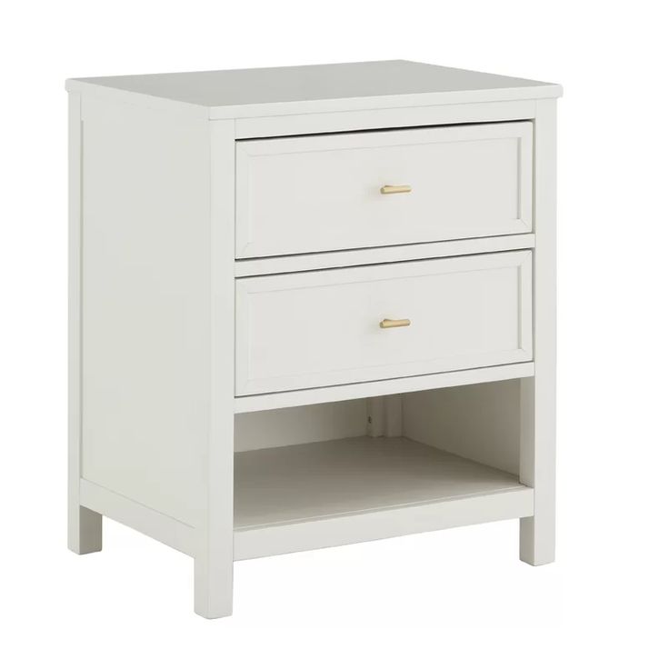 a white night stand with two drawers on one side and an open drawer on the other