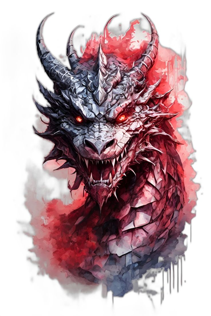 a red and black dragon with horns on it's head