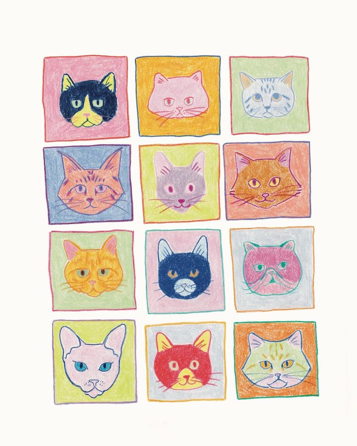 a drawing of nine different colored cats in square squares with faces drawn on each one