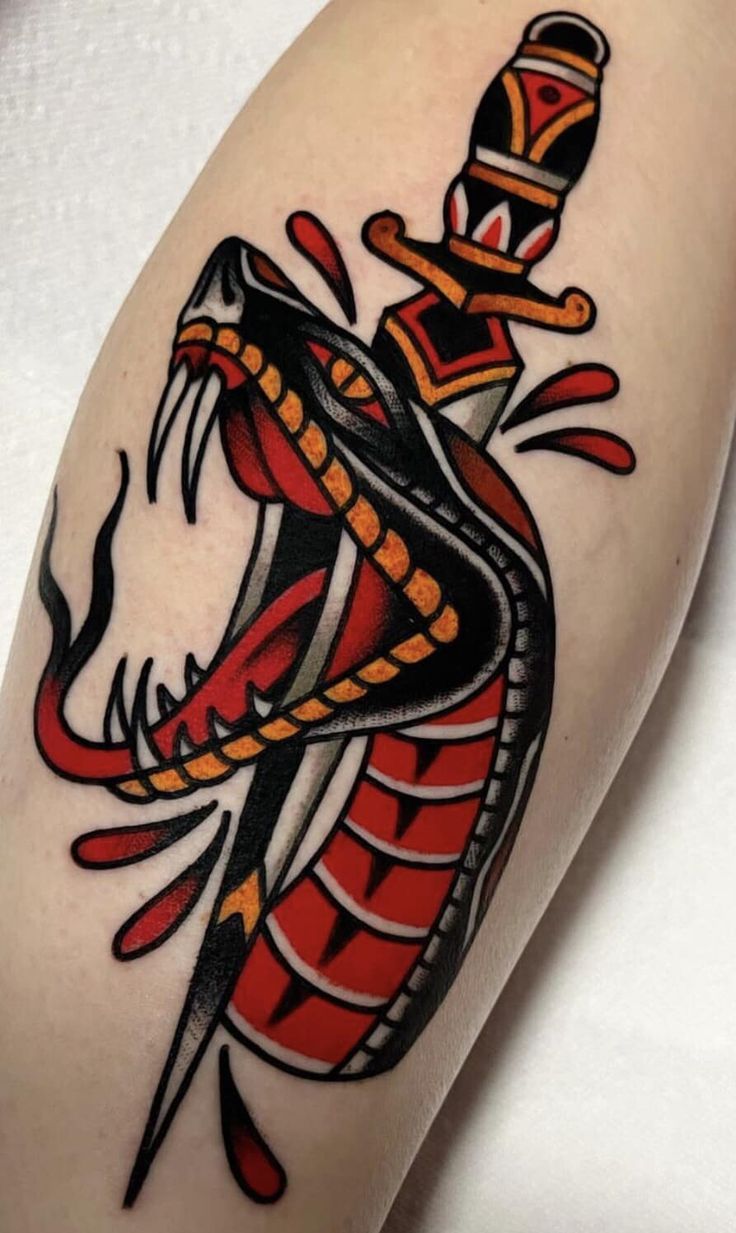 a tattoo on the arm of a woman with a snake and dagger in it's claws