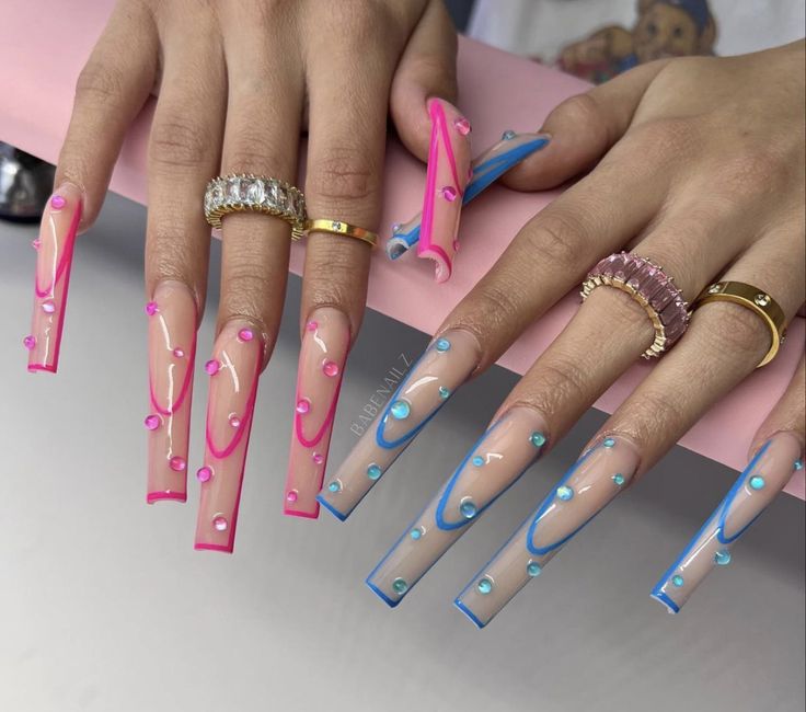 Rhinestone French Tip, Drip Nails, Exotic Nails, Long Acrylic Nails Coffin, Acrylic Nails Coffin Pink, Nail Idea, Long Square Acrylic Nails, Bling Acrylic Nails, Square Acrylic Nails