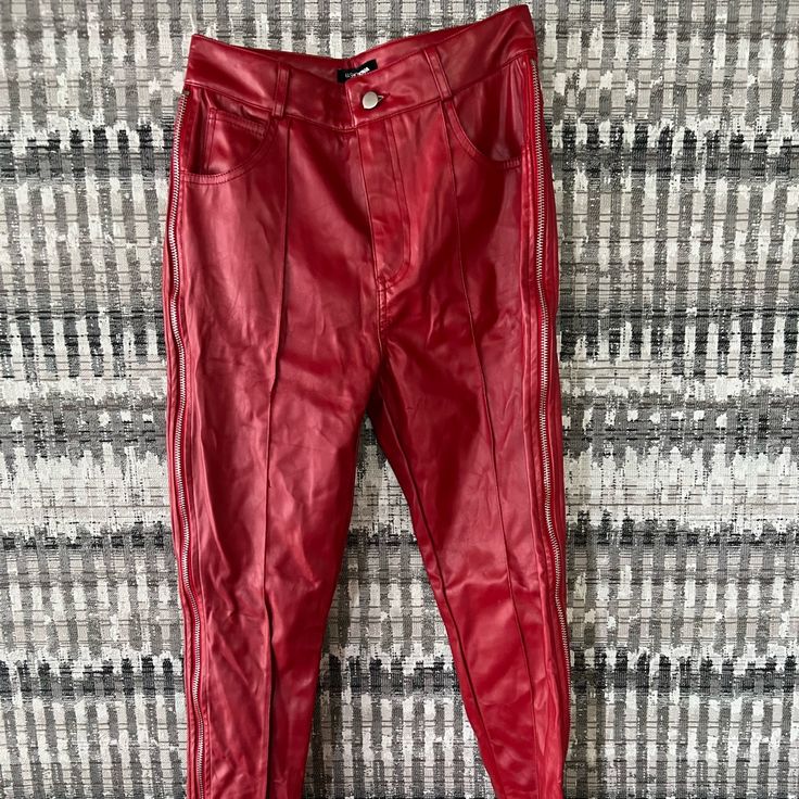 New With Tags, Red Leather Pants , Zipper Details Casual Stretch Red Leather Pants, High Waist Red Leather Pants For Fall, Red Leather High-waisted Pants For Fall, Red Stretch Leather Pants For Night Out, Red High-waisted Leather Pants For Fall, Stretch Red Leather Pants For Night Out, Burgundy Casual Bottoms For Night Out, Red High Waist Leather Pants For Spring, Red Leather Trousers For Fall