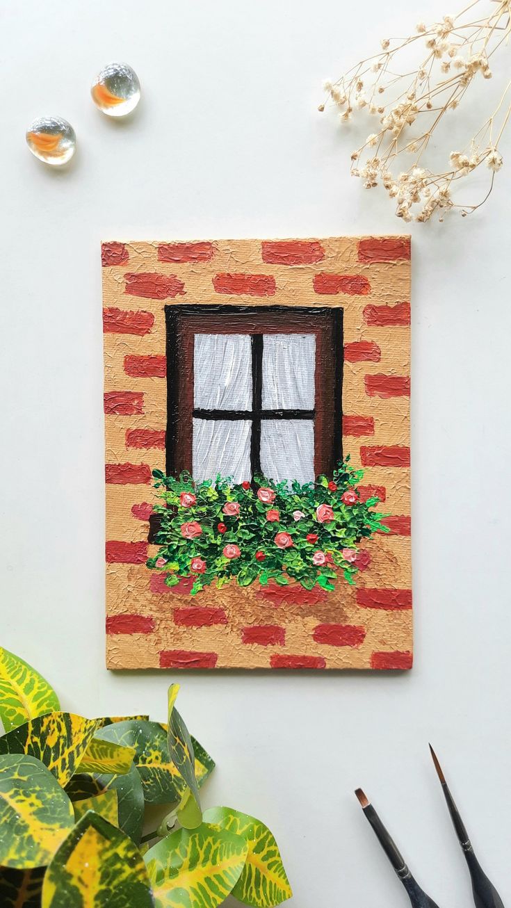 a painting of a window with flowers on it