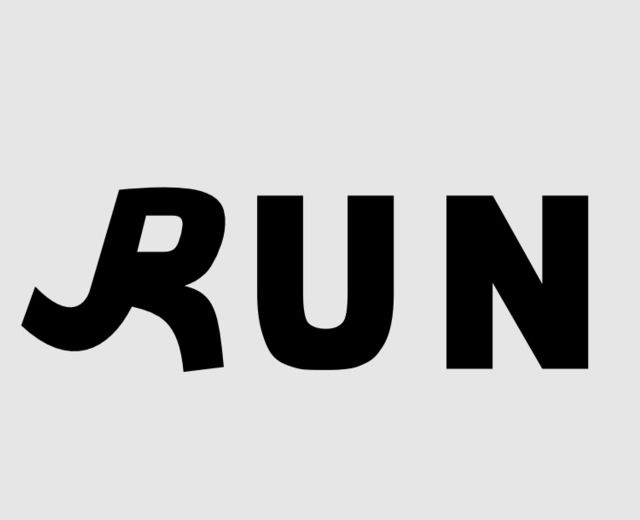 the word run is written in black and white letters on a light gray background,