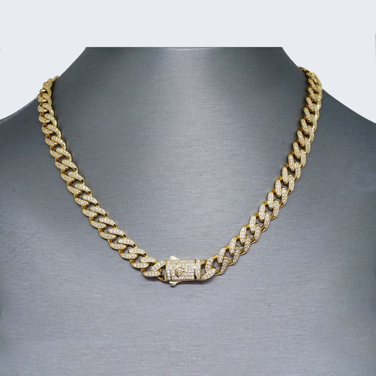 14K MONACO CHAIN WITH Cubic Zirconia LOCK Elegant Iced Out Chain Link Necklace, Luxury Diamond Chain Link Necklace, Elegant Iced-out Chain Link Necklace, Luxury 14k Gold-tone Chain Necklace, Luxury Gold-tone Polished Chain Necklace, Picture Pendant, Cubic Zirconia Bracelet, Cubic Zirconia Necklace, Bangle Bracelet Set