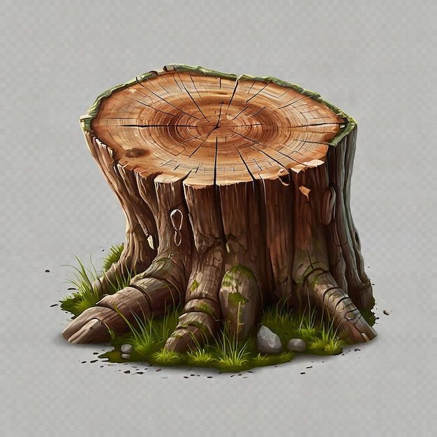 a drawing of a tree stump with grass around it