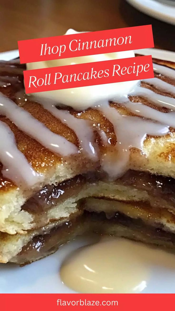 cinnamon roll pancakes with icing on a plate