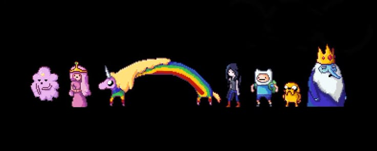 pixel art with different types of characters and colors in the dark, including rainbows