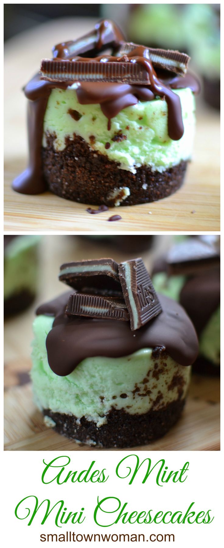 two pictures of mint and chocolate desserts with the words mint's mint mini cheesecakes