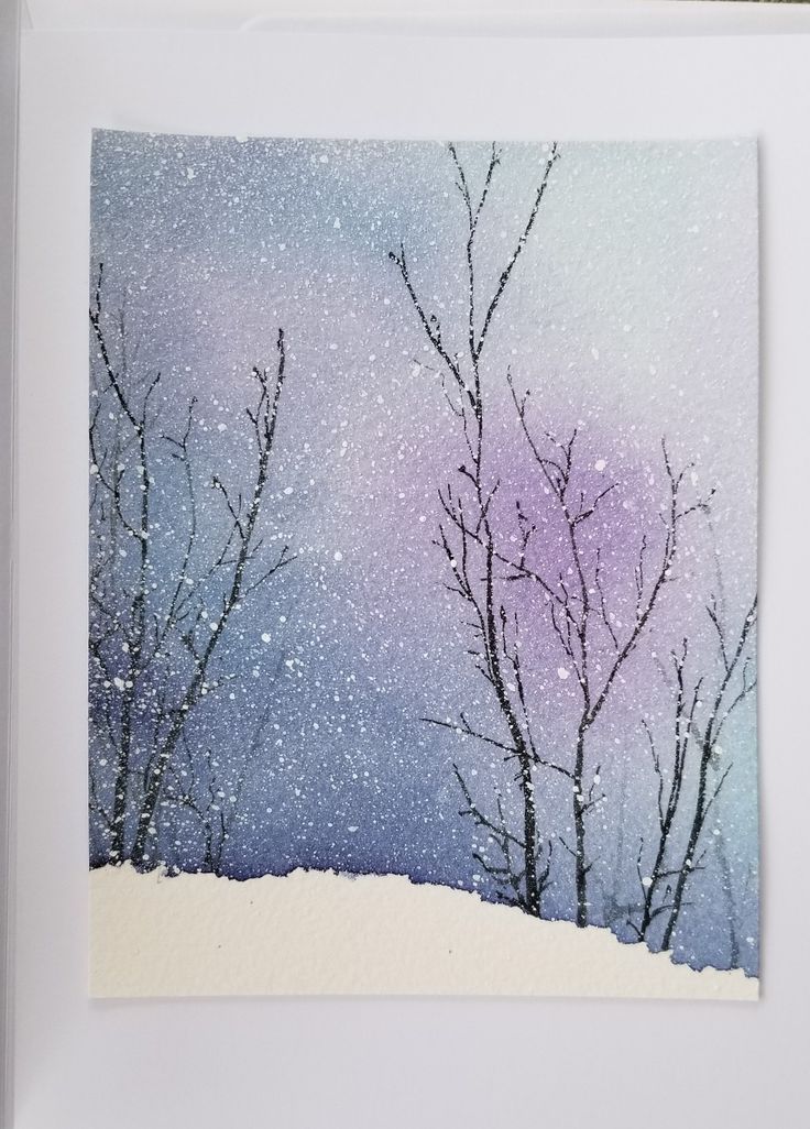 a painting of trees in the snow with purple and blue sky behind them, on a white frame