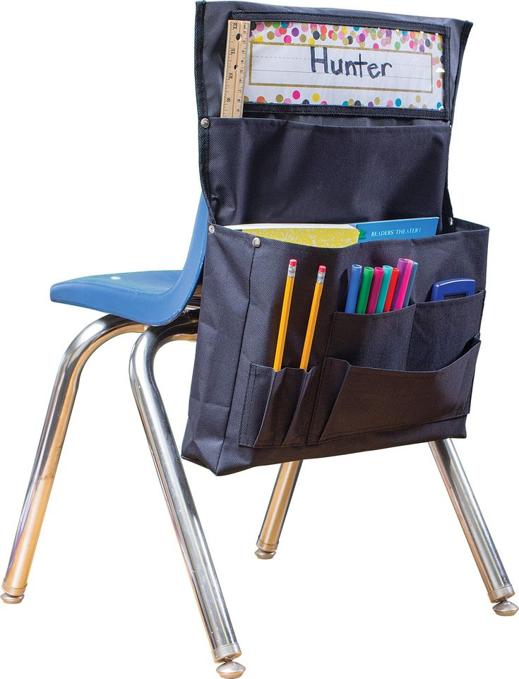 a school chair with a pocket for pens and pencils