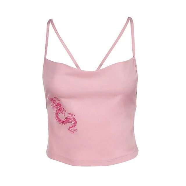 dragon pattern pink cute bralette crop top clubwear backless sexy off shoulder tank tops Fitted Pink Tank Top With Built-in Bra, Pink Y2k Cami Crop Top, Pink Sleeveless Tank Top For Club, Pink Party Tops With Built-in Bra, Fitted Pink Tank Top For Party, Trendy Pink Club Tank Top, Trendy Pink Tank Top For Club, Trendy Pink Camisole Crop Top, Pink Fitted Crop Top With Built-in Bra