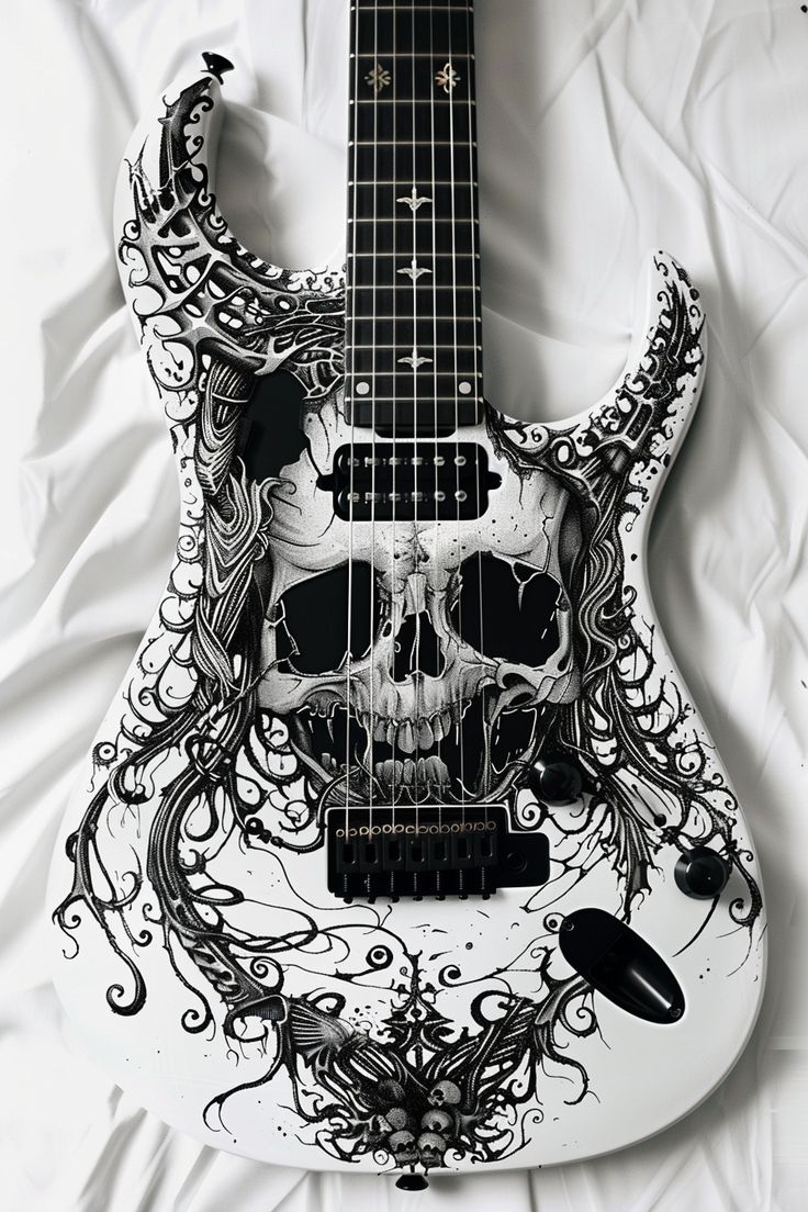 Guitar Design Inspired by the Devil Cool Electric Guitars Aesthetic, Unique Guitars Design, Cool Guitars Electric, White Guitar Aesthetic, Guitar Design Art, Cute Electric Guitar, Eletric Gutair, Electric Guitar Aesthetic, White Electric Guitar