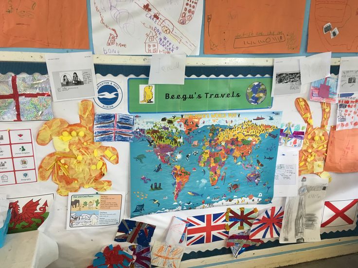 a bulletin board with flags, maps and postcards on it's side wall