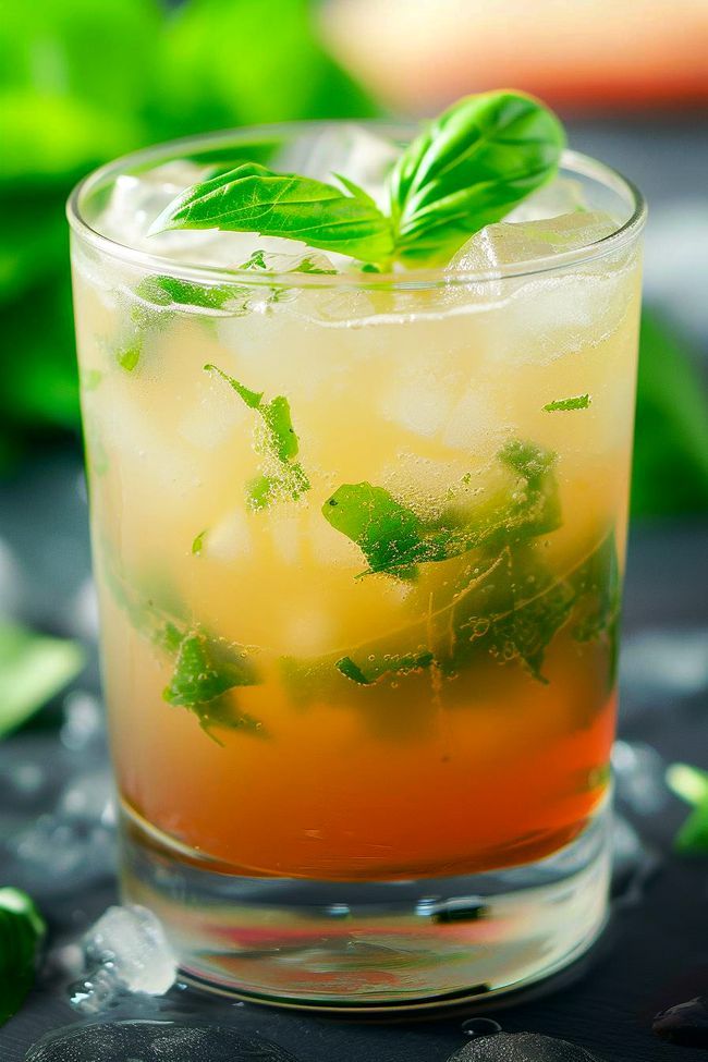 a close up of a drink in a glass on a table with mint and lemon