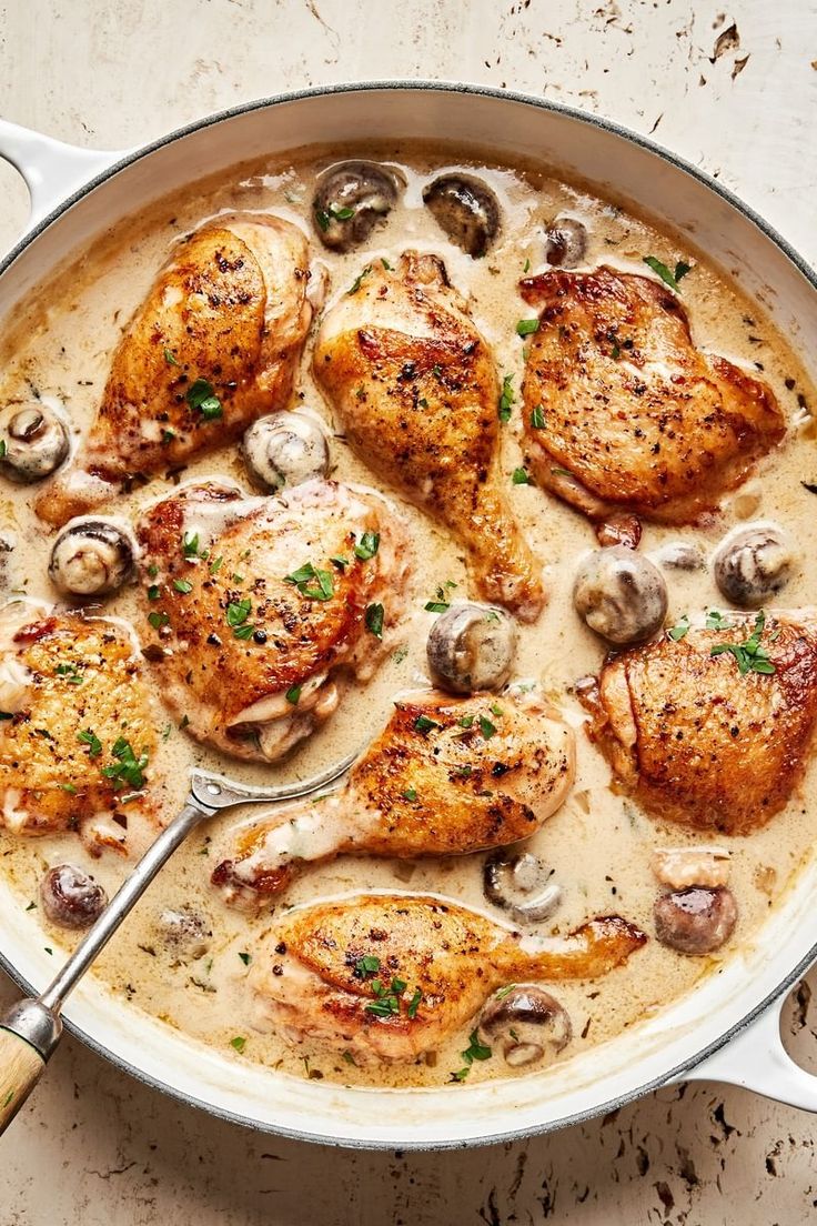 chicken with mushrooms and sauce in a pan