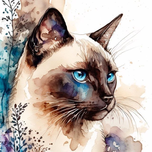 a watercolor painting of a siamese cat with blue eyes and flowers in the background