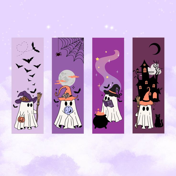 three halloween bookmarks with ghost, witches and bats on them in front of a purple background