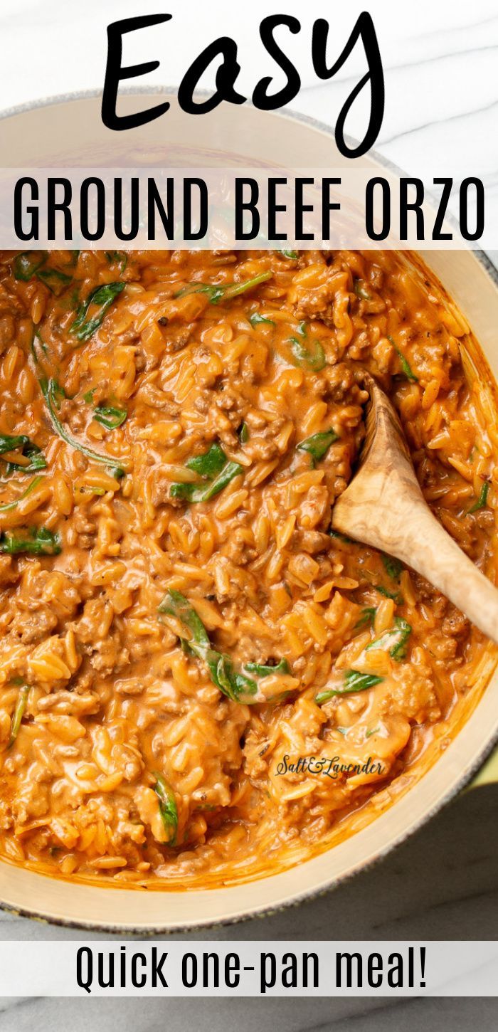 an easy ground beef orzo recipe in a skillet with the title above it