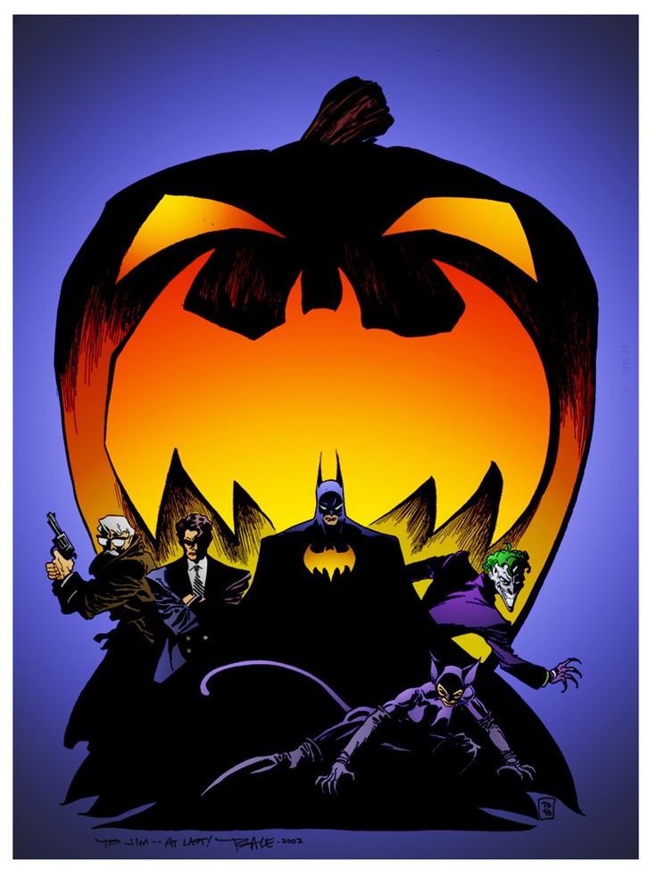 an image of batman and his friends in front of a pumpkin with bats on it