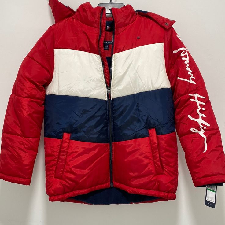 Boys Tommy Hilfiger Puffer Jacket Brand New With Tags Color Red White Blue Size Boys Large 14/16 Removable Hood Sporty Red Hooded Puffer Jacket, Red Sporty Puffer Jacket For Winter, Red Tommy Hilfiger Long Sleeve Outerwear, Tommy Hilfiger Red Long Sleeve Outerwear, Red Long Sleeve Tommy Hilfiger Outerwear, Hooded Red Tommy Hilfiger Outerwear, Red Hooded Coat, Tommy Hilfiger Puffer Jacket, Blue Sport Coat