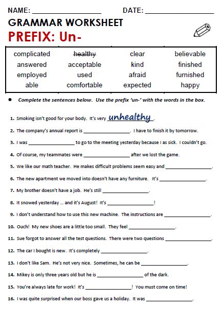 an english worksheet with the words'prefx'and'un '