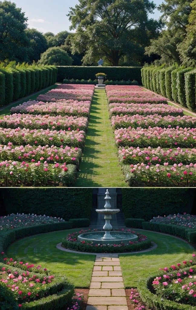 the garden has many different types of flowers and plants in it, including roses on each side