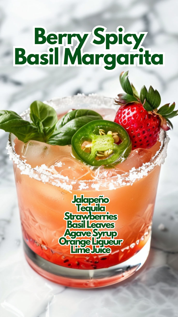 Berry Spicy Basil Margarita Basil Cocktail Recipes, Margarita Flavors, Strawberry Cocktail Recipe, Spicy Cocktails, Ski Attire, Basil Margarita, Classic Tequila Cocktails, Liqueur Cocktails, Strawberry Basil Margarita