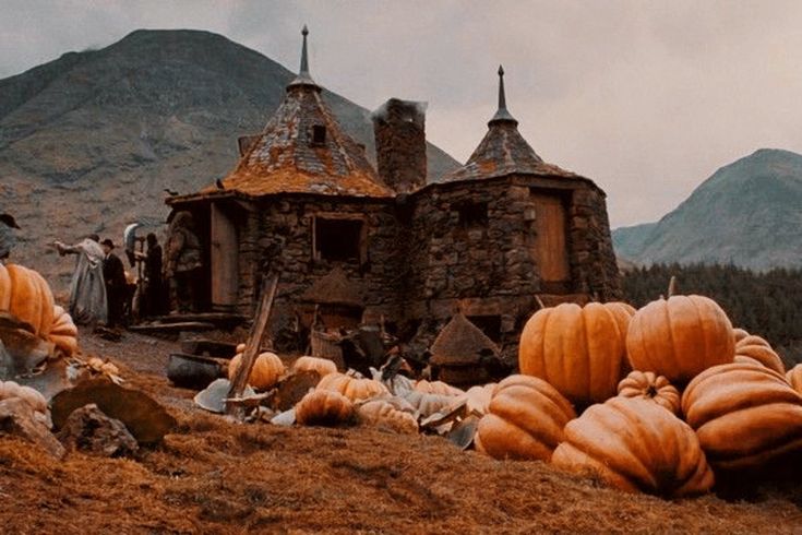 pumpkins are piled on the ground in front of an old house with mountains in the background