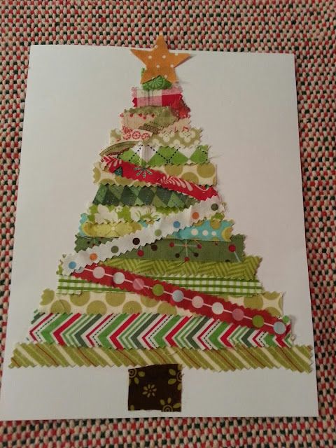 a christmas tree made out of different types of ribbons on a white card with red and green stripes