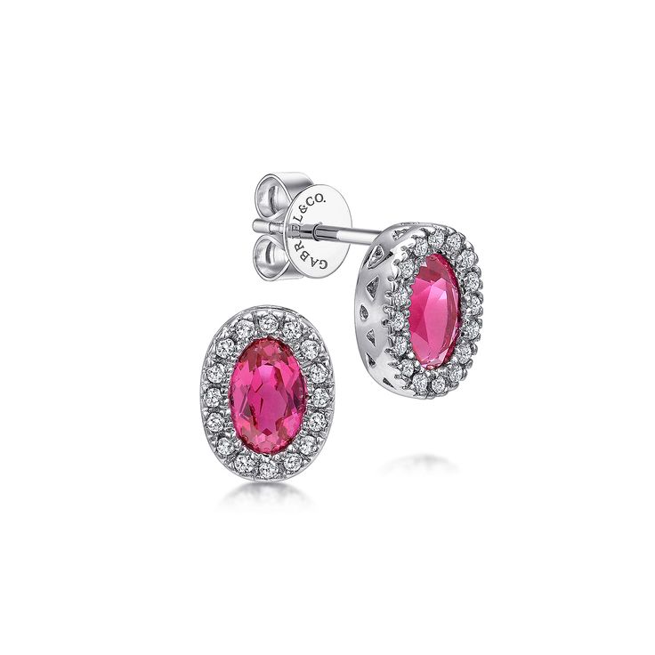 14K White Gold Oval Ruby and Diamond Halo Stud Earrings Halo Stud Earrings, Color Earrings, Halo Earrings Studs, Diamond Halo, Halo Diamond, Shop Earrings, Halo, Ruby, White Gold