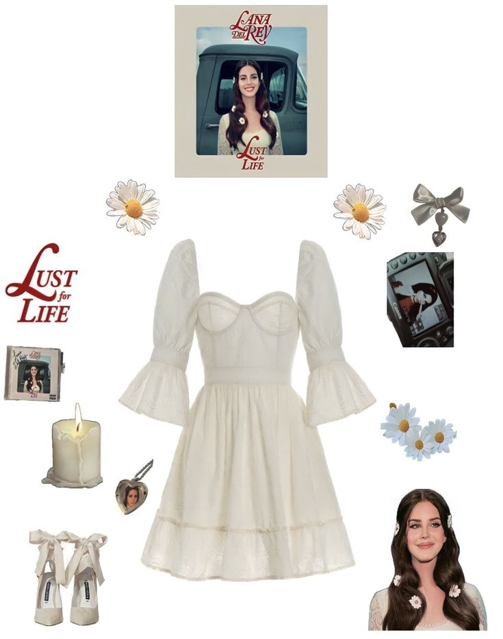 a woman in white dress surrounded by pictures and accessories