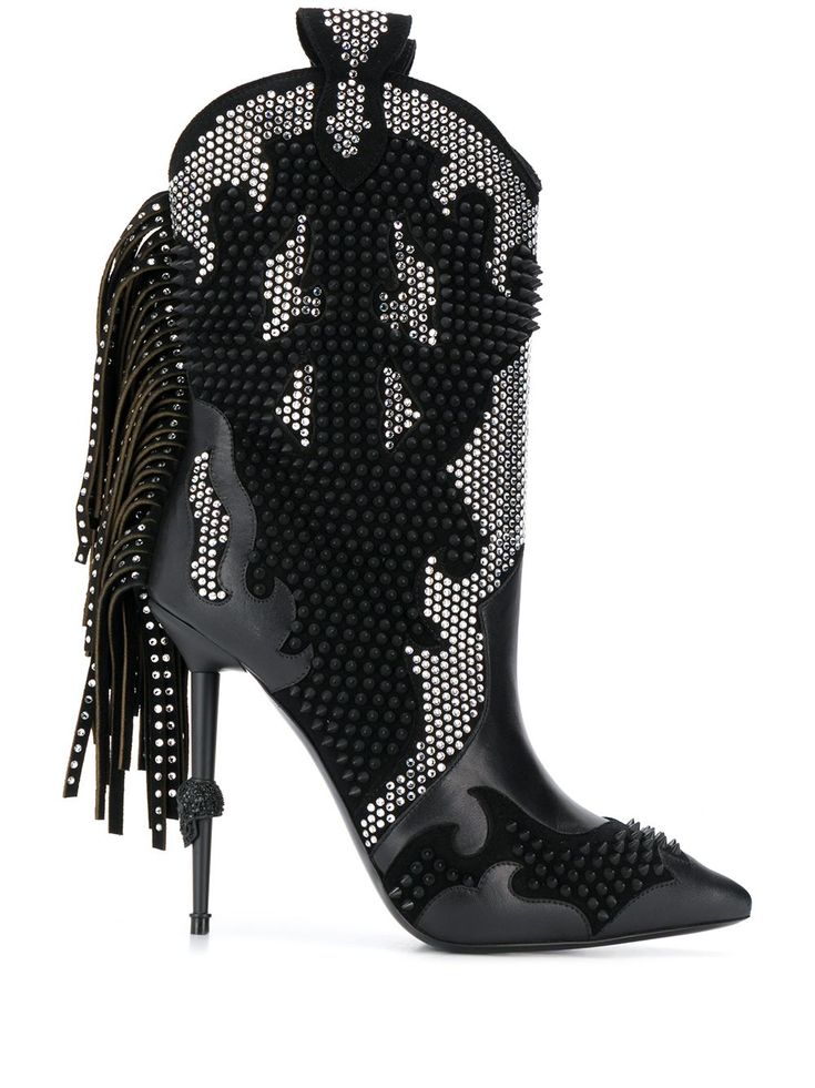 Shop Philipp Plein embellished cowboy boots with Express Delivery - FARFETCH Cowboy Boots Black, Fringe Fashion, Stiletto Boots, Philipp Plein, Womens Boots Ankle, Short Boots, Womens High Heels, Boots Black, Western Boots