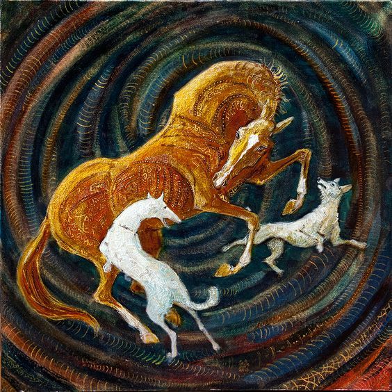 an image of two horses that are in the middle of a spiral design with one horse running