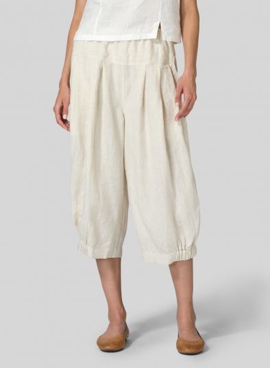 Calças De Harém Efeito De Crumple De Linho Linen Straight Leg Capris With Elastic Waistband, Straight Leg Linen Capris With Elastic Waistband, Relaxed Linen Harem Pants, Linen Harem Pants For Loungewear, Linen Capris With Relaxed Fit, Relaxed Linen Bottoms In Neutral Color, Chic Linen Harem Pants For Spring, Linen Capris For Loungewear, Linen Straight Capris With Elastic Waistband