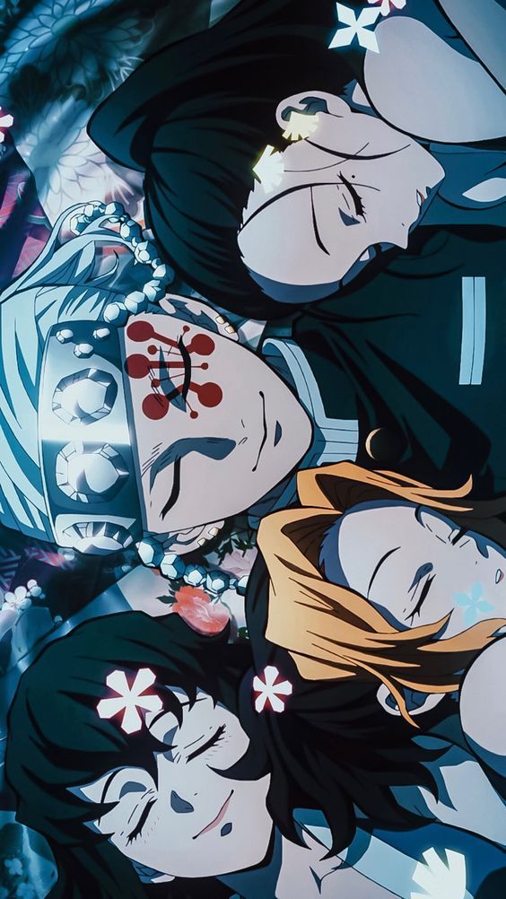 some anime characters are laying down together