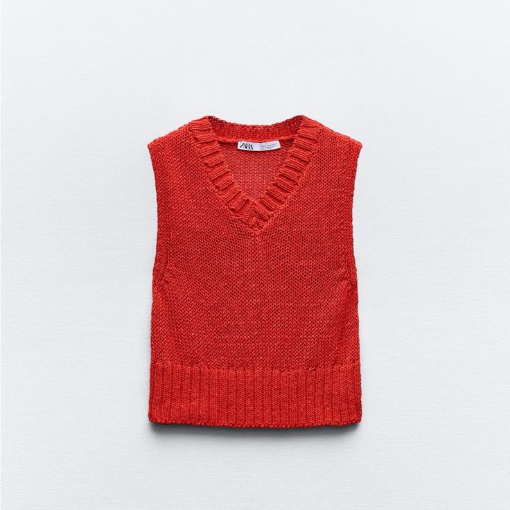 New Red Knit Top From Zara. Love This Too. I Ordered Two Accidentally And Forgot To Return Red Knit V-neck Top, Red Knitted V-neck Top, Casual Red Sweater Vest For Winter, Red V-neck Sweater Vest For Spring, Red Cotton Sweater Vest For Fall, Red Knitted Casual Tops, Red Cotton Casual Sweater Vest, Red Casual Sweater Vest For Spring, Casual Red Cotton Sweater Vest