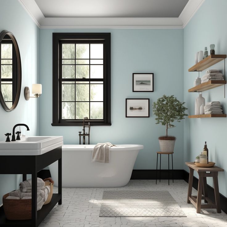 a bath room with a tub a sink and some shelves on the wall next to a window