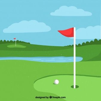 a golf course with a red flag on the green and water in the distance behind it