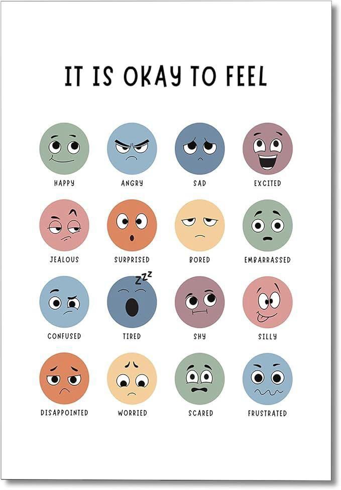 an illustrated poster with different faces and words that say it's okay to feel