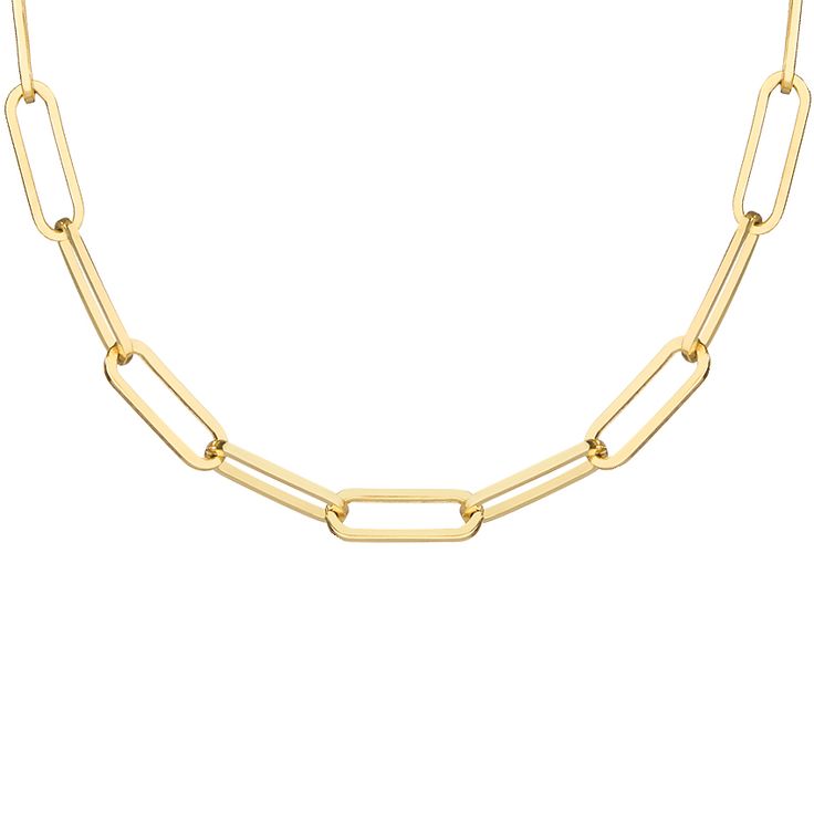 Lola Paperclip Chain Necklace - 14K Yellow Gold. Perfect on its own or paired with other necklaces in a chic stack, this trendy large paperclip chain is a fabulous and stylish statement piece. Chic 14k Gold Link Necklace, Formal Gold-plated Necklace With Paperclip Chain, Formal Gold Plated Necklace With Paperclip Chain, Chic Yellow Gold Paperclip Chain Necklace, Elegant Gold-tone Paperclip Chain Necklace, Yellow Gold Paperclip Necklaces For Formal Events, Classic Gold-tone Necklaces With Solid Link Construction, Classic Gold-tone Necklaces With Solid Link, Classic Gold-plated Chain Necklace With Rectangular Links