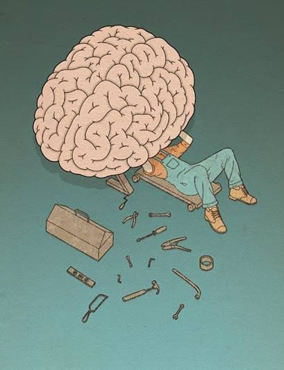 a person laying on a chair in front of a brain with tools coming out of it