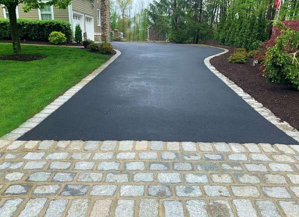 a paved driveway in the middle of a residential area with trees and bushes on either side