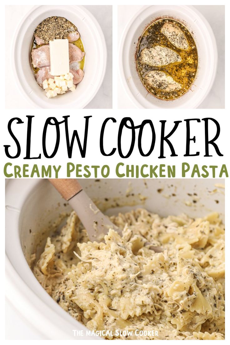 the recipe for slow cooker creamy pesto chicken pasta