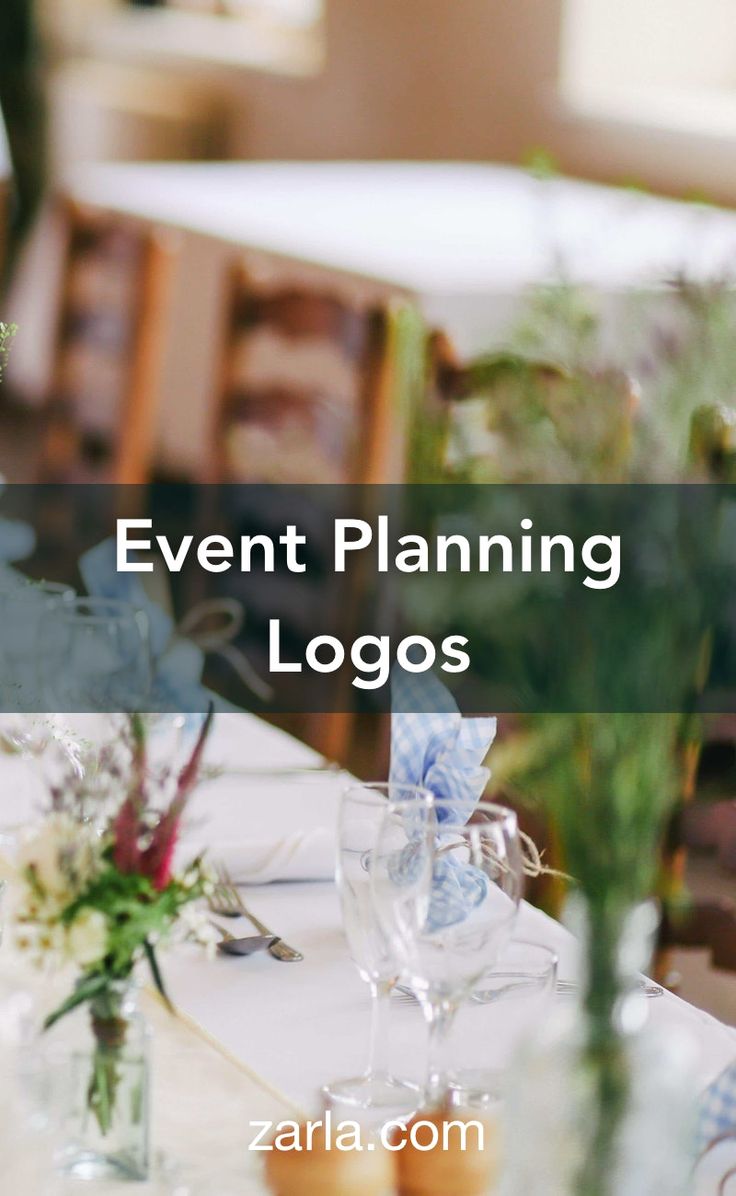 an event planning logo is displayed on a table with wine glasses and flowers in vases