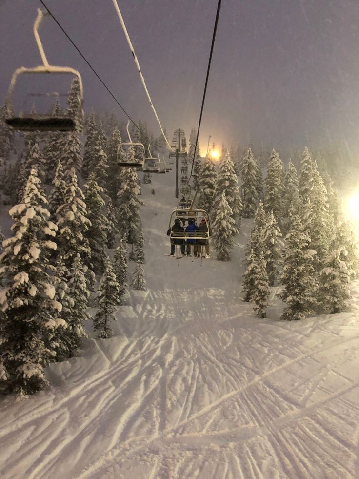 a ski lift with people on it going up the mountain in front of snow covered trees