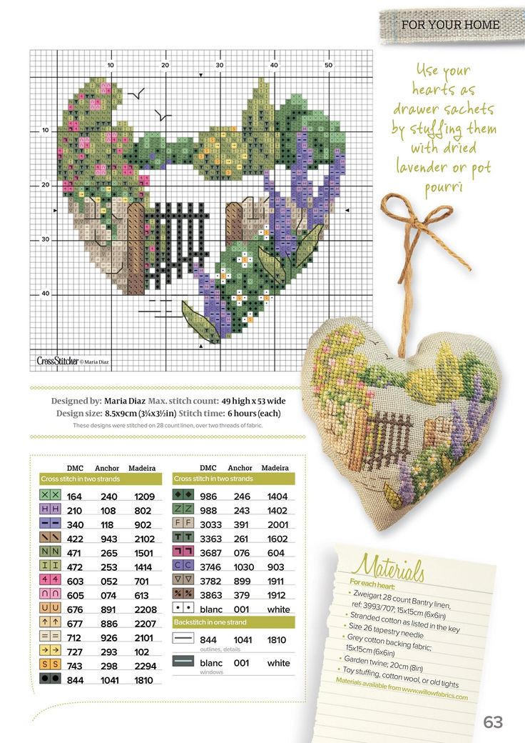 a cross stitch pattern with a heart and flowers on it, next to a card