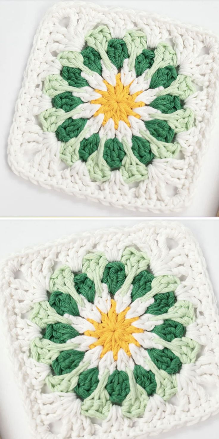 crocheted square with green and white flowers in the middle, on top of each other