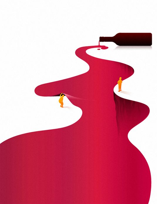 two people standing on the edge of a long red cliff with a bottle of wine